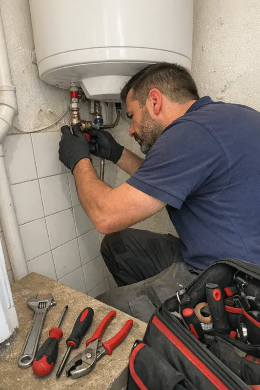 Plombier professionnel intervenant sur un chauffe-eau à Marseille