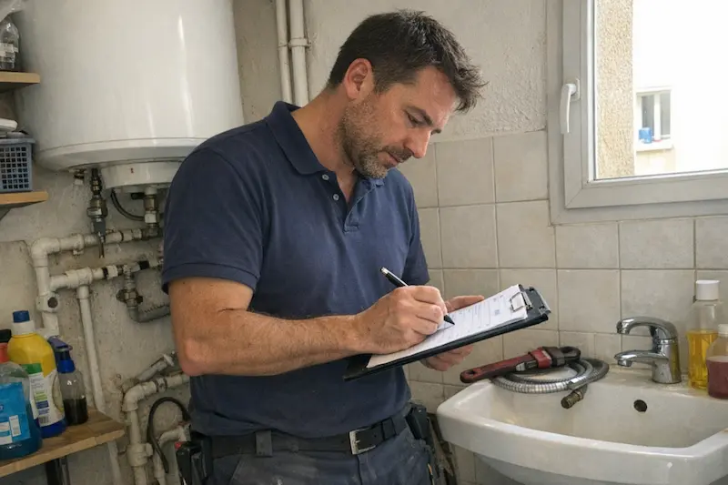 Plombier rédigeant un devis avec un client à Marseille